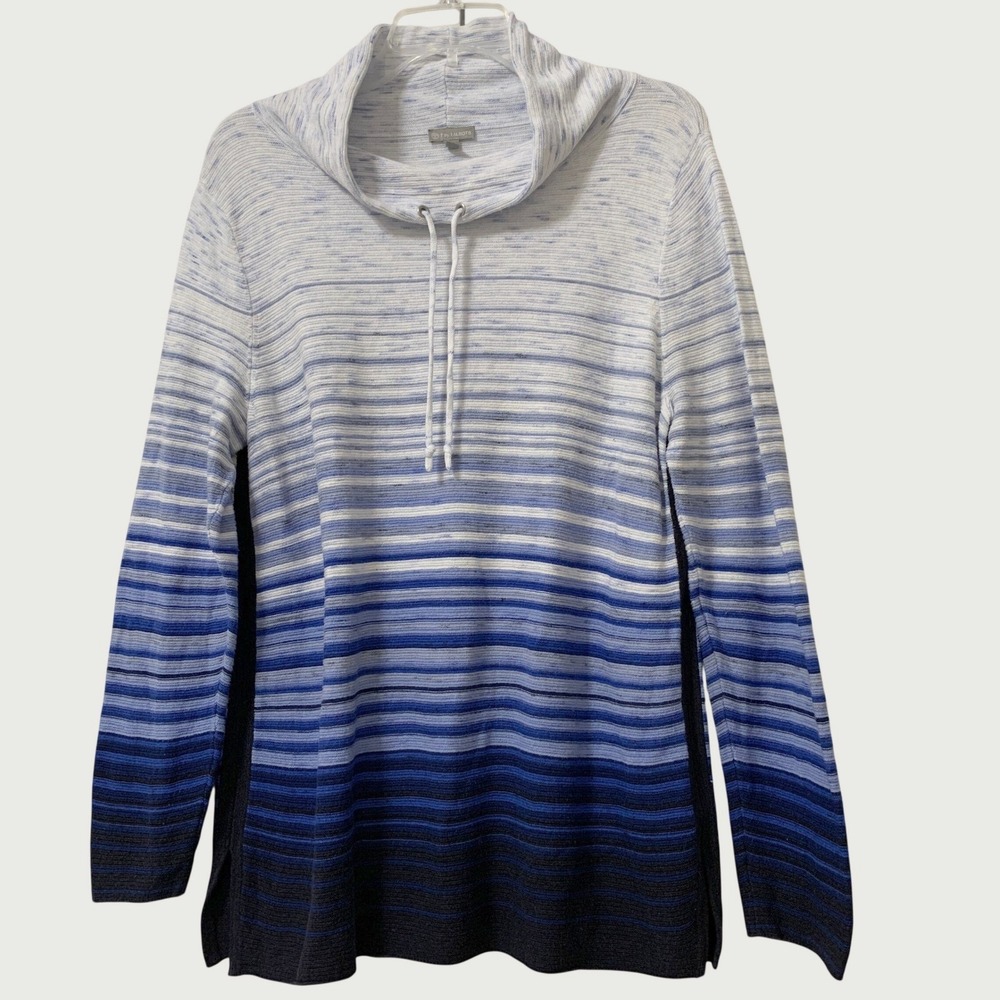 T by Talbots Cowl Neck Sweater Women Large Blue Ombre Striped Knit Pullover